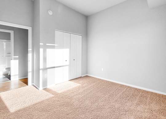 A room with a carpeted floor and a window.