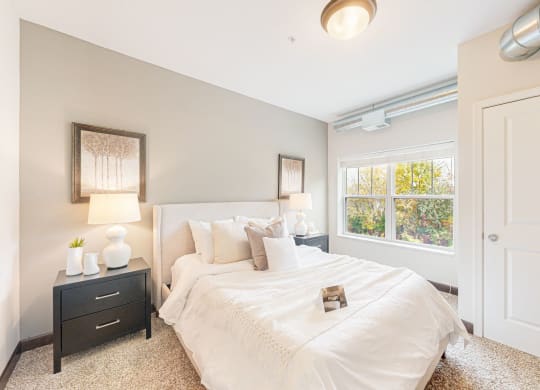 a bedroom with a large bed and a window
