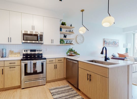 Kitchen with cabinets at CityLine Apartments, Minneapolis, 55406