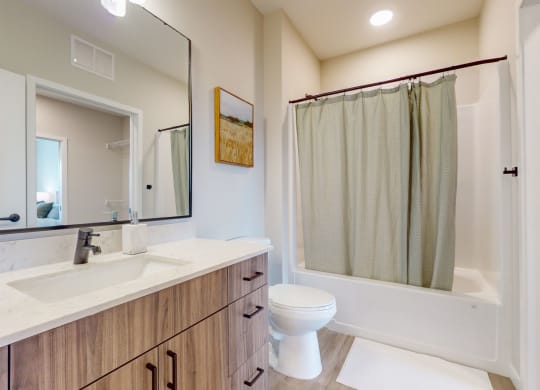 a bathroom with a sink toilet and shower