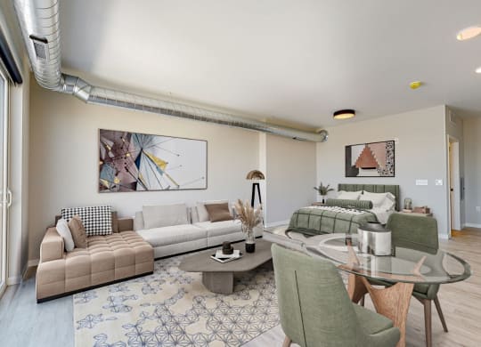 a living room with couches and chairs and a glass table