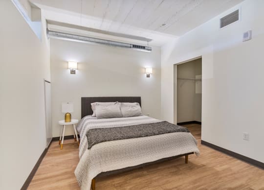 a bedroom with a bed and a door to a closet