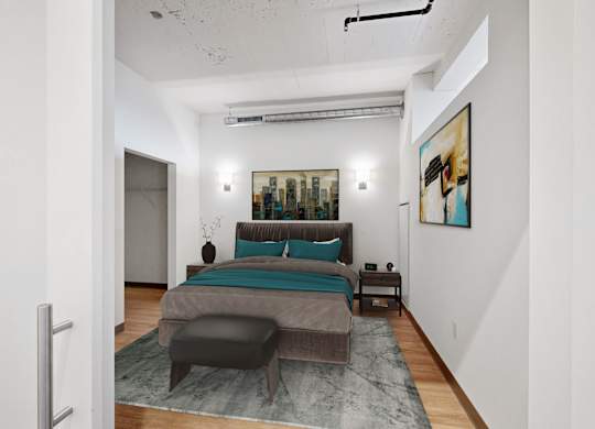A bedroom with a bed, a bench, and a painting on the wall.