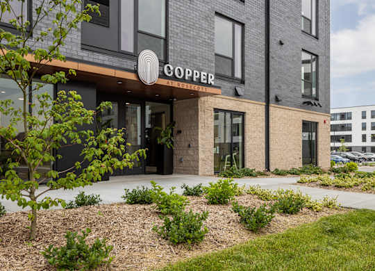 A modern building with the word