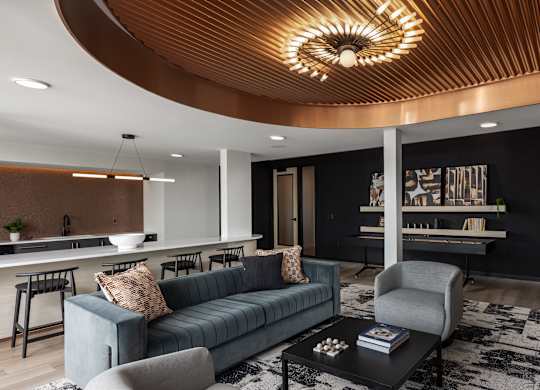 A modern living room with a curved ceiling and a dark rug.