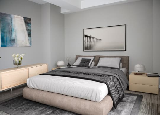 Modern bedroom at Custom House penthouse, St Paul, MN 55101