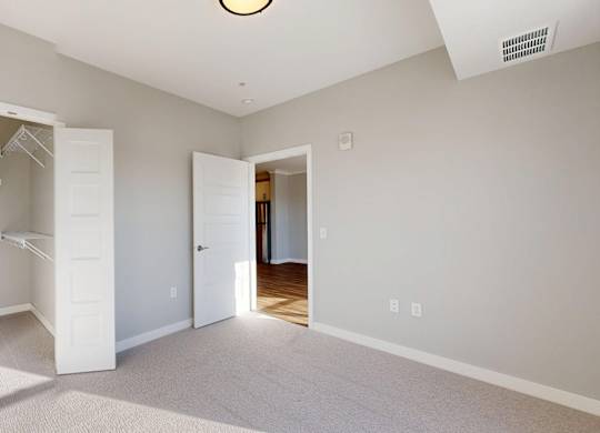A white closet with a white door is open in a room with a carpeted floor.