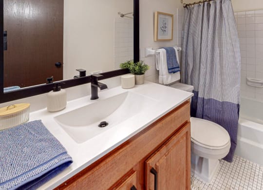 Bathroom with large vanity at Hillsborough Apartments.