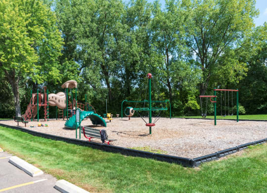 a playground with a large swing set and other playground equipment in a park
