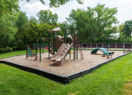 a playground with slides and other equipment in a park