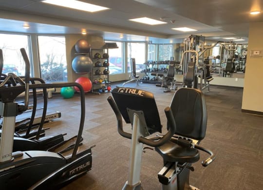 Fitness center with large windows and mirrors at Aspenwood Apartments, Eagan, MN
