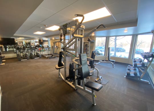 fitness center with weights and cardio machines at Aspenwood Apartments, 1125 Duckwood Trail, Eagan, MN 55123