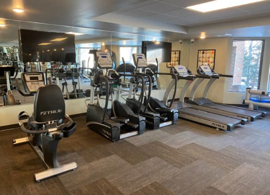 Fitness center with cardio machines at Aspenwood Apartments, MN, 55123