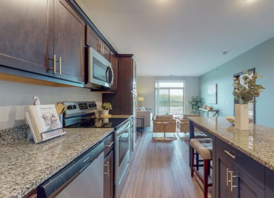 a kitchen with granite countertops and stainless steel appliances at Lake Jonathan Flats, Minnesota, 55318