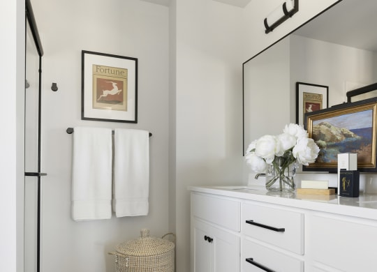 a bathroom with white cabinets and a mirror and a rug