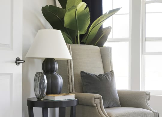 a living room with a chair and a lamp and a plant