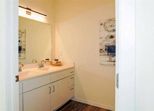 A bathroom with a white counter and a white sink at The Bessemer at Seward Commons Apartments, MN, 55404