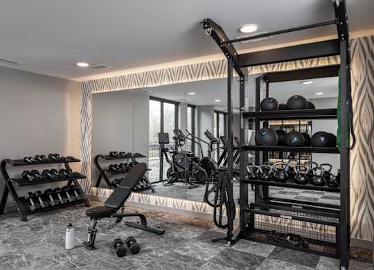 A well-equipped home gym with a variety of exercise equipment.