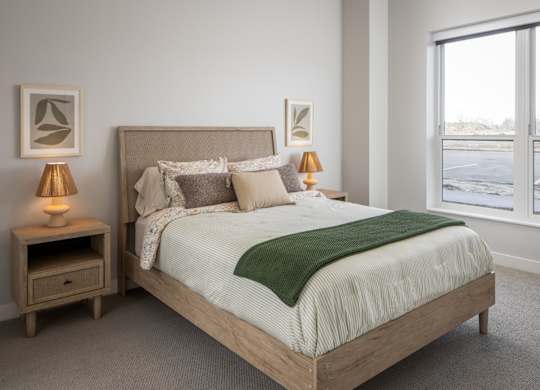 A bedroom with a large bed and two lamps.