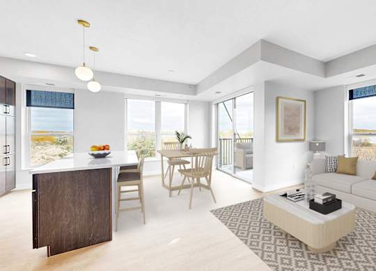A modern living room with a dining area and a kitchen in the background.