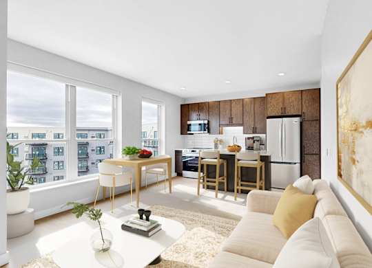 A modern living room with a large window overlooking a cityscape.