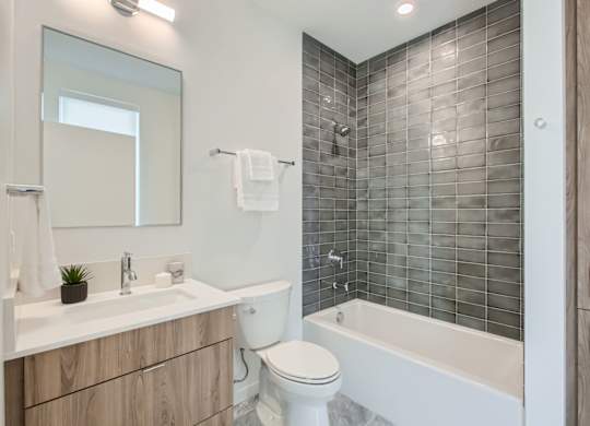 a bathroom with a toilet and a tub and a sink at One West Drive Apartments, Excelsior, MN