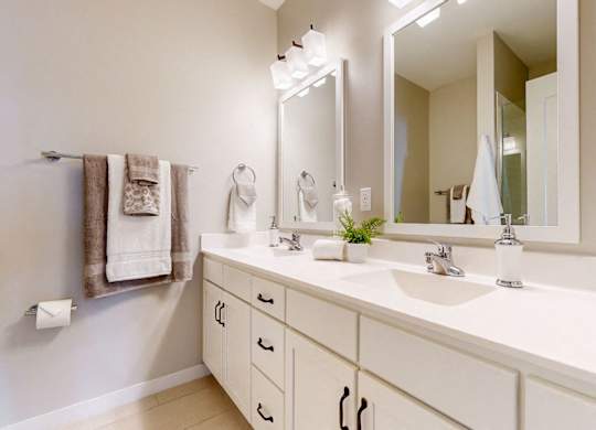 A bathroom with a white counter and a large mirror.