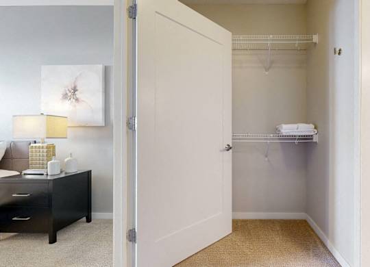 A white door is open to a small closet with a shelf.