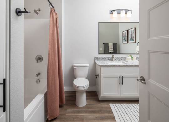 A bathroom with a toilet, sink, and a pink towel hanging on the shower rod.at The Edison at Maple Grove, Maple Grove, 55311