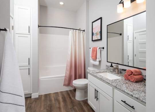 A bathroom with a toilet, sink, and shower.at The Edison at Maple Grove, Minnesota, 55311