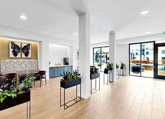 A modern office lobby with a butterfly artwork on the wall.