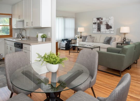 kitchen, dining and living room