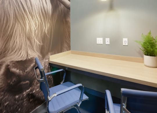 a desk and chairs in a room with a wall mural
