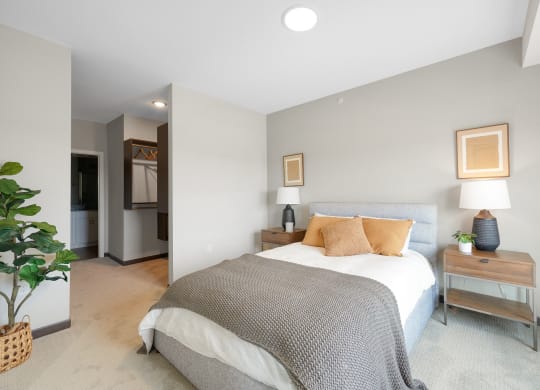 a bedroom with a bed and a closet