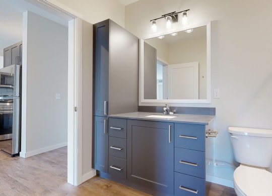 a bathroom with a toilet sink and mirror at The Exchange Apartments, New Brighton Minnesota