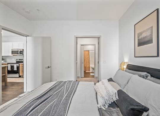 A bedroom with a large bed and a kitchen area in the background.