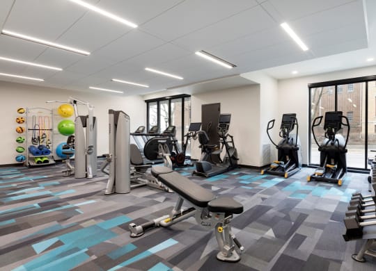 fitness center with free weights at The Hill Apartments, Saint Paul, MN, 55102