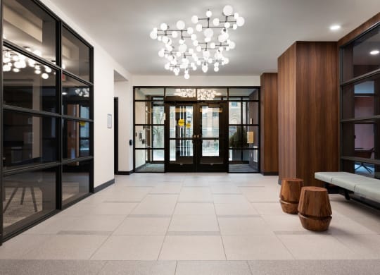 Lobby Entrance with Modern Decor and Lighting at The Hill Apartments, Minnesota, 55102
