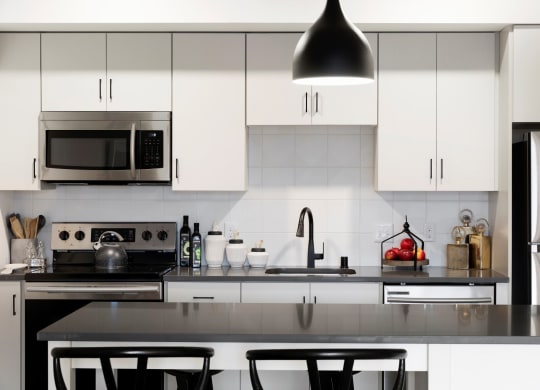 White Cabinetry With Sleek, Silver Appliances at The Hill Apartments, Saint Paul, Minnesota