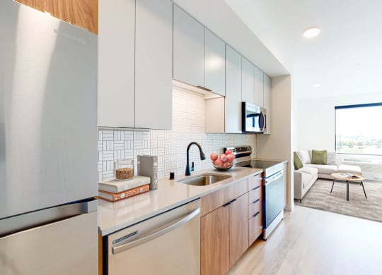 a kitchen with stainless steel appliances and a sink at The Mason, St. Paul, 55114