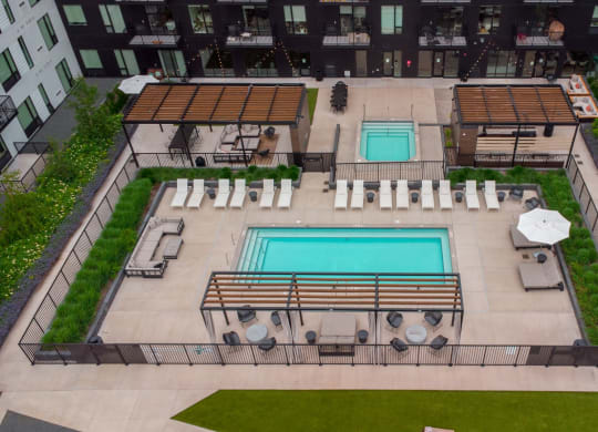 a view of the pool from the roof of an apartment building at The Mason, St. Paul, MN