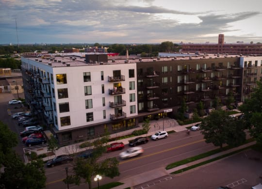 an aerial view of an apartment building in the city at The Mason, St. Paul, Minnesota