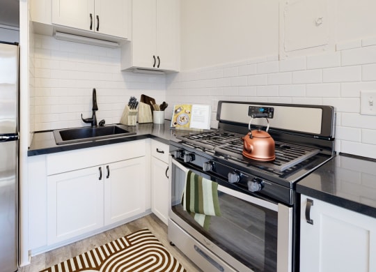 a kitchen with white cabinets and a black and white rug