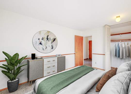a bedroom with a bed and a closet