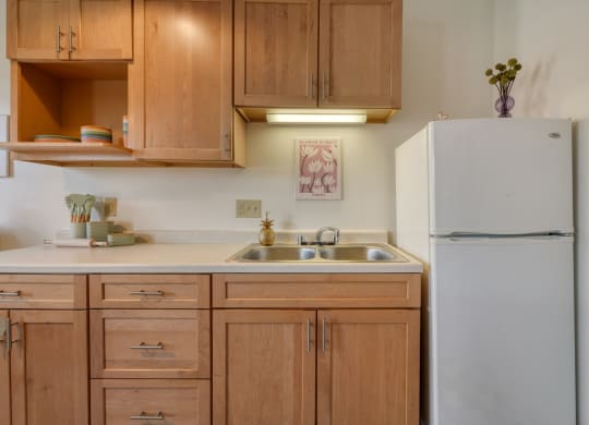 a kitchen with wooden cabinets and a white refrigerator