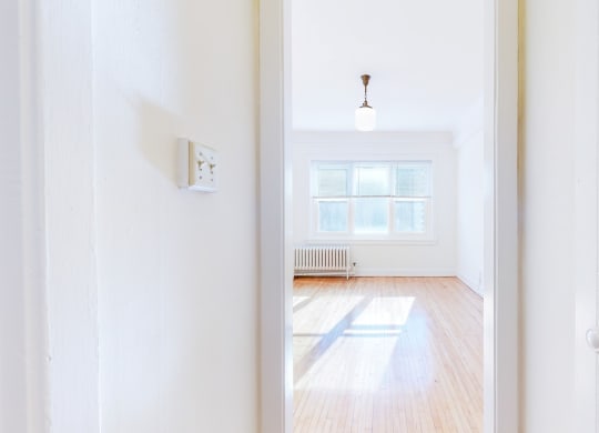 Empty Bedroom with White Walls, Natural Hardwood Flooring, and Wide Windows at The Park Apartments in Minneapolis, MN