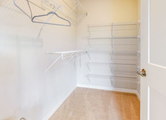 a large closet with white walls and shelves and a white door