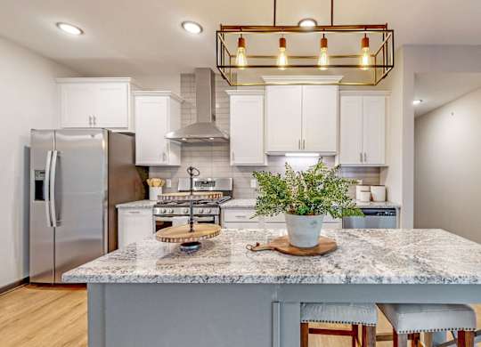 A kitchen with a marble countertop and a plant on it.