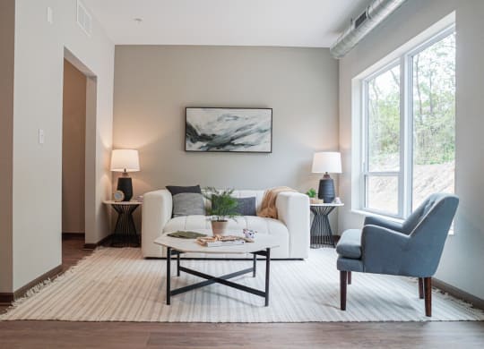 a living room with a couch and a chair and a window