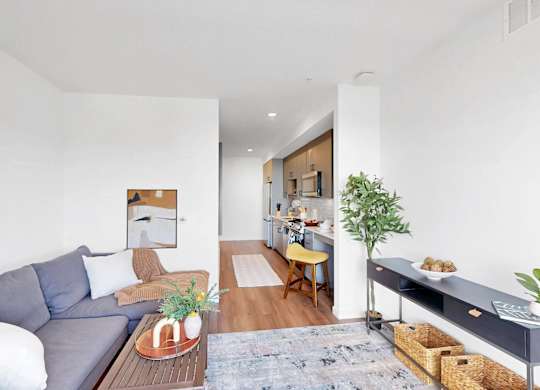 A living room with a grey couch and a wooden coffee table.